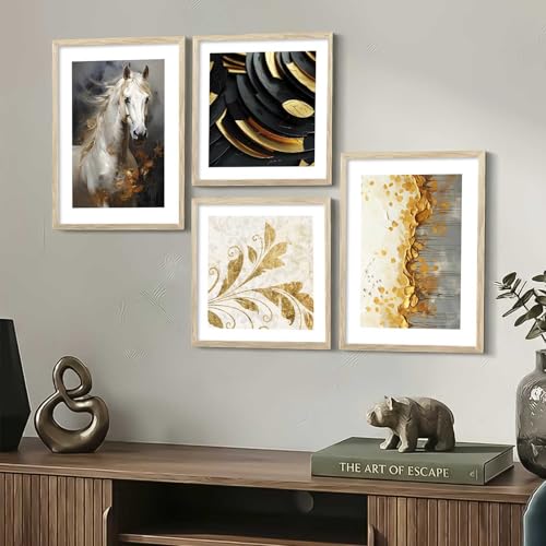 Image of kotart Premium Paintings with Frame for Home Decoration - Modern Art Golden Horse Painting for Living Room Bedroom Office Wall Decoration - Pack of 4 (Art 5, Big (13x17 or 13x13 inch))