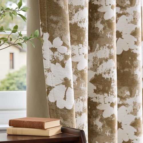 Taupe Floral Curtains 100% Blackout for Living Room, 2 Panels Set 84 Inch Thick Vintage Flower Chenille Window Drapes Room Darkening Thermal Insulated Window Treatments Texture Curtain Bedroom Drapes