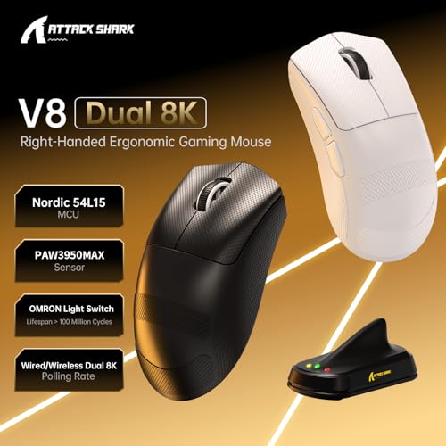 Image of ATTACK SHARK V8 8000Hz Wireless Gaming Mouse, 59g Lightweight, Black&Tape | BT /2.4G Wireless /Wired Mouse, PixArt PAW3950MAX Gaming Sensor,42000 DPI,20000 FPS,Coiled Cable,Office Mice for PC /Win /Mac