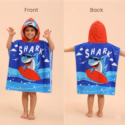 Image of Kids Poncho Towel 300GSM 120x60 CM, Shark Surf, Ocean Blue