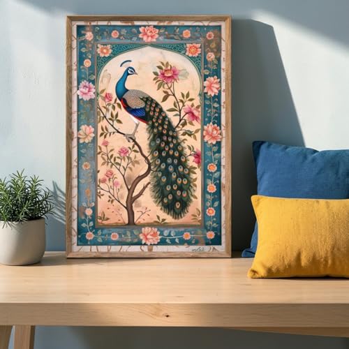 Image of Livin'luxe Vintage Peacock Floral Wall Painting with Wooden Frame | Elegant Bird Artwork HD UV Laminated MDF Wall Decor | Traditional Peacock Art for Living Room Bedroom Home Decoration