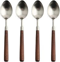 Vista 9 de Cuchara de mango de madera retro, cucharadas de servir de acero inoxidable, cuchara de madera, cubiertos plateados con mango marrón, 4 unidades.