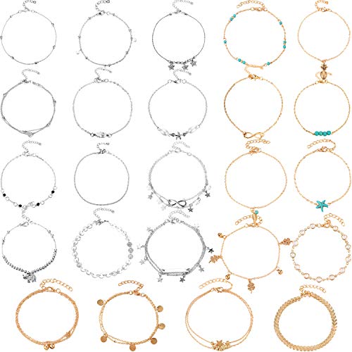 Yaomiao 24 Pieces Ankle Bracelet Ankle Chains Beach Foot Bracelet Adjustable Foot Chain Jewelry for Women Girls Party Weddings, 24 Styles (Gold and Sliver)