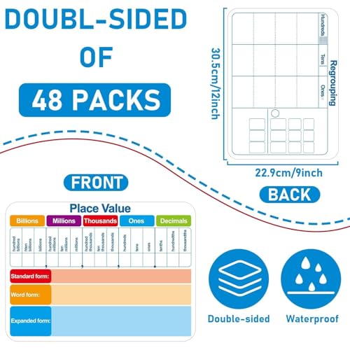 Image of 48Pcs Place Value Double Sided Cardboard for Students Dry Erase Sheets Billions to Decimal Numbers Whiteboard Math Regroups Manipulatives Supplies for Teacher Teaching Tool Portable Learning 12 inch x 9 inch