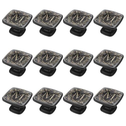 IROLSKDNFH 12 Pieces Letter M with Wreath Aesthetic Pattern Glass Knobs for Dresser Drawers, 1.37 x 1.10 in Square Kitchen Cabinet Pulls for Home Office Nursery Kids Room