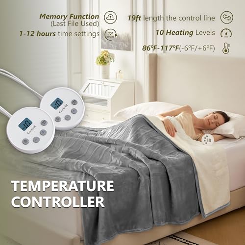 Heat Blanket 84”x90” Queen Size-Dual Control,Soft Flannel & Sherpa Electric Blanket with 10 Heat Settings,12 Timer Setting and 8 Hours Auto-Off,ETL Certified Machine Washable,Light Grey