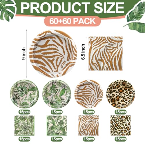 Image of Qinyoung 120pcs Safari Themed Plates Jungle Party Supplies Disposable Plates and Napkins Zoo Paper Tableware Set Baby Shower Decorations for Safari Picnic Wedding Tea Party