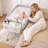 Baby Bassinet Bedside Crib, 4-in-1 Baby Bassinet Bedside Sleeper for Newborn with Mesh & Mattress, Easy Move Crib for Newborns with Lockable Wheels & Storage Basket, 4-Adjustable Height(Grey)