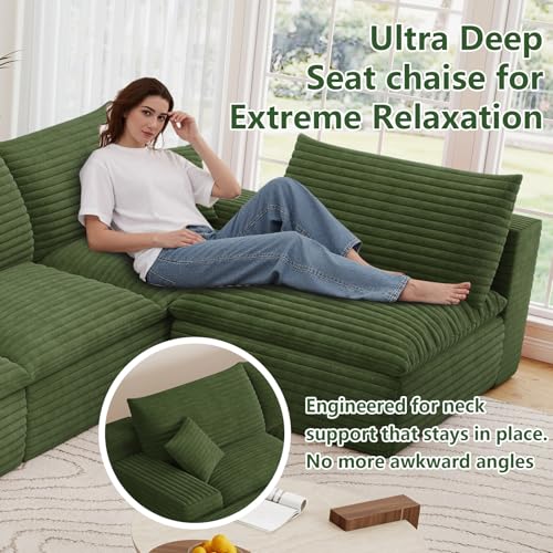 Image of 136 inch Cloud Couch Modular Sectional Sofa for Living Room, L-Shape Boneless Couch with Deep Seat, Modern Corduroy 5-Seater, No Assembly Required,Green