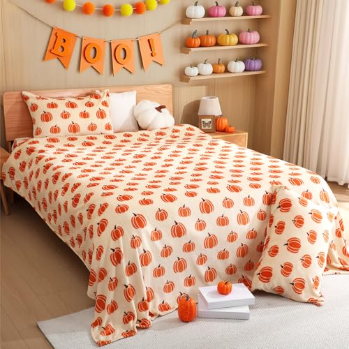 VitalCozy 3 Pcs Thanksgiving Bedding Set Queen Size Flannel Pumpkin Sheets Bedding Throw Blanket 86 x 86 Inch with Pillowcases Warm Bed Supplies for Autumn Bedroom Home Decor(Pumpkin Style)