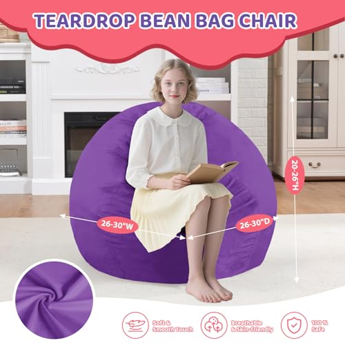 2FT Bean Bag Chair, Comfy Bean Bag Chairs with Memory Foam Filled, Fluffy Beanbag Sofa with Dutch Velvet Cover, Teardrop BeanBag Chairs for Living Room, Playroom - Purple