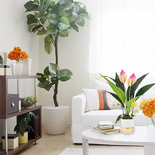 Vopie 2 Pack Artificial Flower Plants Small Potted Plant Green Leaves Silk Plant Fake Bonsai Flower Faux Plants For Office Home Farmhouse Indoor And Outdoor Decor(Pink) #TOP5