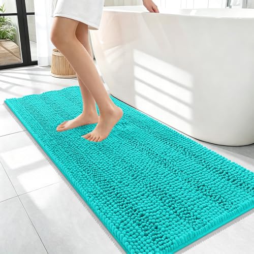 Image of OLANLY Thick Bathroom Runner Rugs 47x17, Extra Absorbent Chenille Striped Bath Rugs, Rubber Backing, Machine Wash Dry, Long Bath Mats for Bathroom Floor, Tub and Shower, Home Decor Accessories, Teal