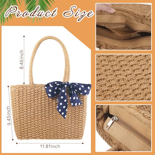Abbylike Straw Bag for Women with Straw Clutch Purse 2 Pair Rattan Earring Boho Woven Zipper Handbag Beach Bag with Polka Dot Bowknot for Summer Travel Vacation2