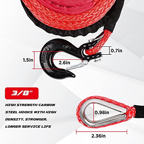 Xpv 3/8" X 100Ft Synthetic Winch Rope 23,809Lbs Dyneema Winch Line Cable Rope With Hook And Sleeve Protection Red #TOP1