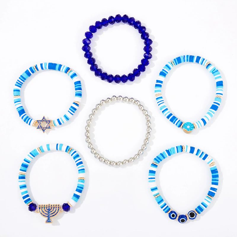 Hanukkah Bracelets Menorah Dove Star of David Evil Eye Clay Beaded Stretch Bracelets Layering Blue White Heishi Beaded Friendship Stackable Bangles for Women Men Jewish Hanukkah Holiday Jewelry