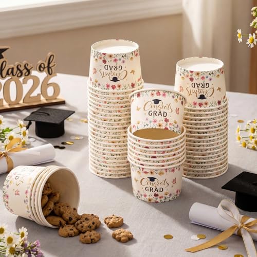 Image of Funnymoom 50 Pack Wildflower Graduation Ice Cream Cups 9 oz Class of 2026 Congrats Grad Disposable Dessert Snack Cups Floral Graduation Paper Soup Bowls for Freshly Graduated 2026 Grad Party Supplies
