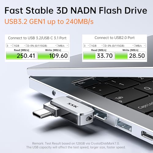 SSK Pamięć USB C 64 GB do 240 MB/s, Dual Memory Stick USB 3.2 Typ-C i USB-A, pamięć flash Drive do iPhone 15/16Pro/Win / Android z wodą, kurzem i ochroną przed upadkiem