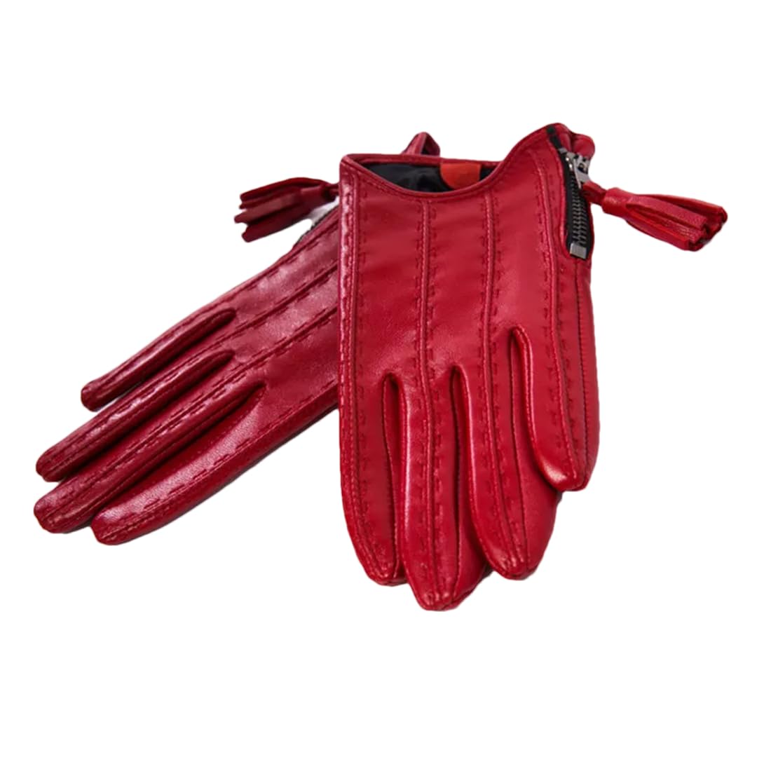 Guantes de conducción con flecos de poliuretano para mujer, estilo corto, con cremallera, para otoño e invierno, con forro de terciopelo, color rojo, talla M, 1, M