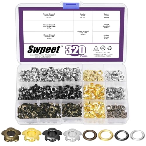 Swpeet Juego de 320 ojales de metal con ojales de metal de 5 mm, 4 colores, ojales de metal, dorado/plateado/bronce/negro pistola, ojales de metal para reparar lienzo, cuero, cortinas
