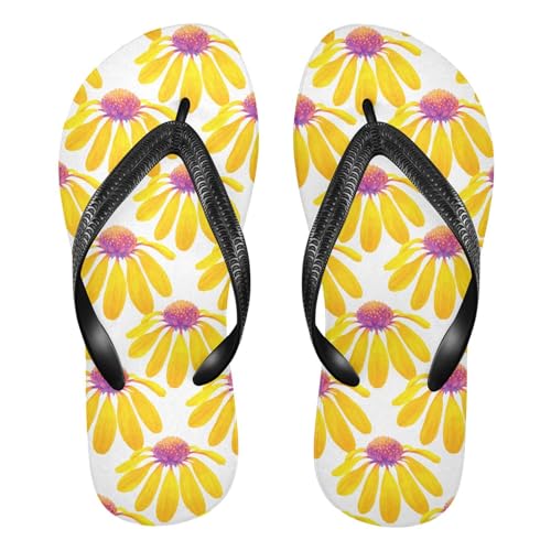 Yellow Flower White Flip Flops for Beach Thong Sandals Anti-slip Lightweight Shower Shoes for Summer Swim Travel