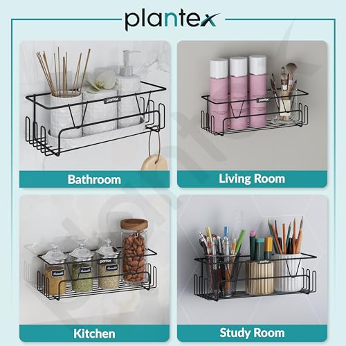 Image of Plantex GI Steel Adhesive Shelf for Bathroom Wall /Self Adhesive Shelf for Kitchen with Side Hooks to Hang Loofah for Bathing /Bathroom Organiser - Black, Powder Coated