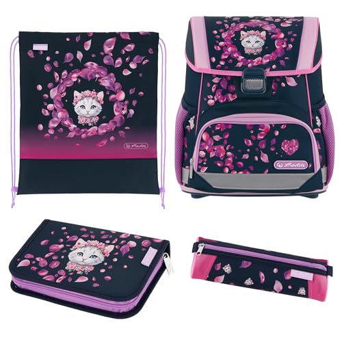 herlitz Schulranzen Set 4-teilig Loop Blossom Dance Schwarz Pink 17 L Ergonomischer Tornister mit geringem Gewicht 1. Klasse Junge Mädchen Kinder