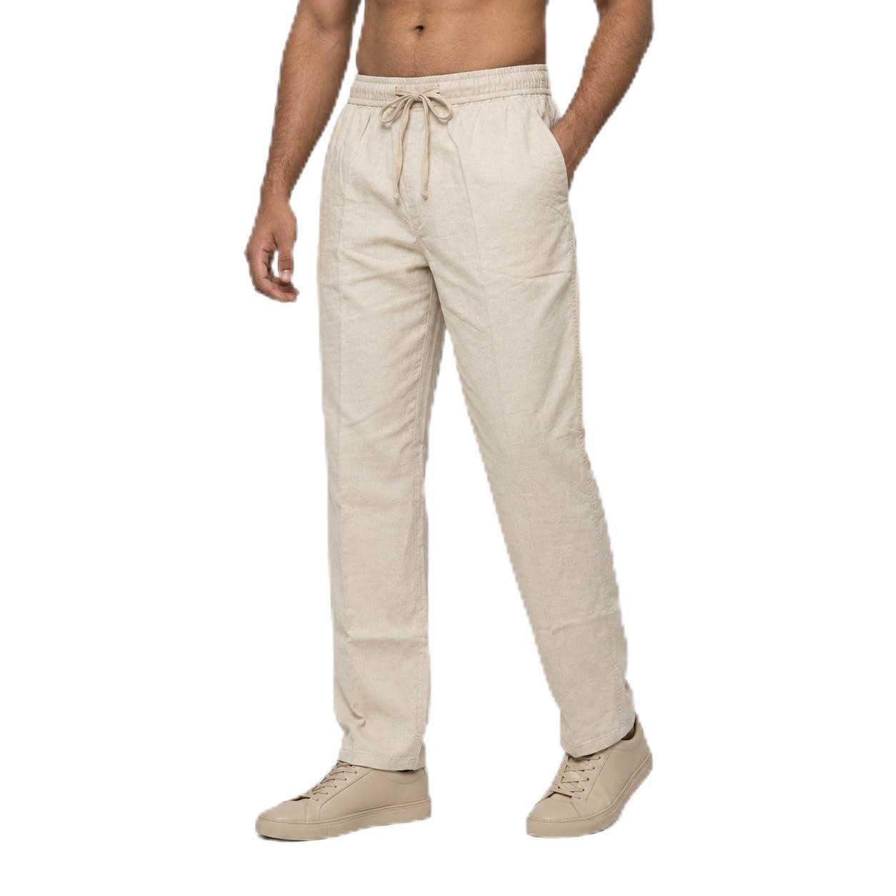 Men's Linen Blend Pants | Elastic Waist Drawstring Trousers for Men | Lightweight Breathable Casual Pants with Side Pockets | Regular Fit Everyday Wear - Off White-image-8