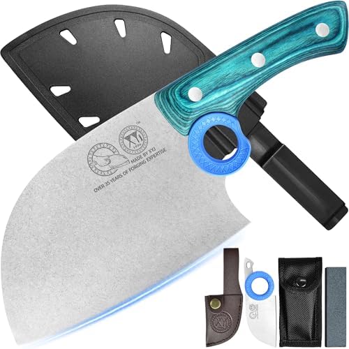 XYJ Authentic Since 1986,Heavy Duty Large Meat Cleaver,Serbian Chef Butcher Knife with Case,Chefs Vegetable Kitchen Knife,Full Tang for Outdoor Camping,Wood Handle with Sheath