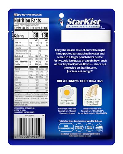 Image of StarKist Wild Caught Light Tuna in Water, 6.4oz Pouch, 1-Pack | 19g Protein Per Serving, Ready to Eat, Shelf Stable Seafood, Gluten Free, Soy Free, No Draining for Salads and Sandwiches