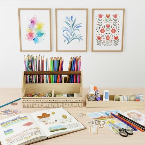 Image of Ikee Design Small Wooden 5-Compartment Craft Tool Box Caddy with Drawer and Handle, Desk Art Supply Storage Organizer for Craft Tools, Makeup Essentials, 10 W x 4.9 D x 5.5 H in