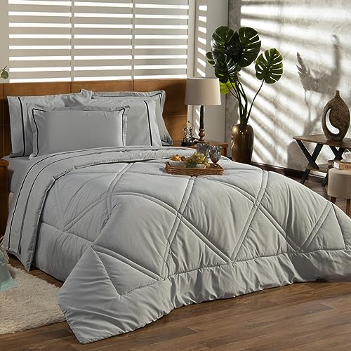 Kit Edredom Cobertor KING 03 Peças Liso Milano Dupla Face com Fronhas - Percal Algodão 200 Fios Toque Macio Cheio Grosso (Cinza)