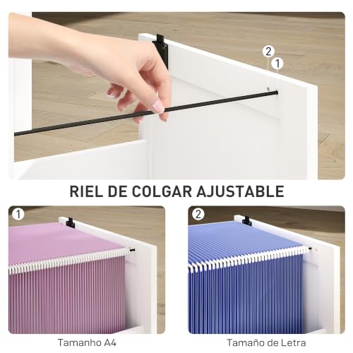 Miniatura 5 de Homcom Cajonera Escritorio Con 3 Cajones, Cajonera De Oficina, Mueble Archivador, Con 2 Cerraduras, Riel Colgante Para A4 Y Carta, 40x40x101 Cm, Blanco
