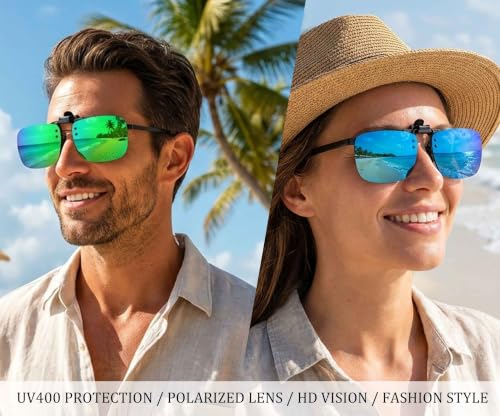 Image of Polarized Flip up Clip-on Sunglasses 2 Pack Anti-Glare UV400 Lens for Fishing Driving over Prescription Glasses