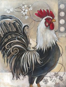 Gango Editions 2 Popular Retro Rooster and Chicken Set; Kitchen Decor; Two 12x16in Poster Prints. Red/Black/White/Grey