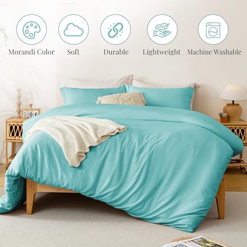 Image of MILDLY Duvet Cover King Ultra Soft Comforter Cover Set 3pcs, Aqua Blue | Washed Microfiber Cotton-Like, Breathable Comfort, Hidden Zipper, Corner Ties, OEKO-TEX Certified, Fade Resistant