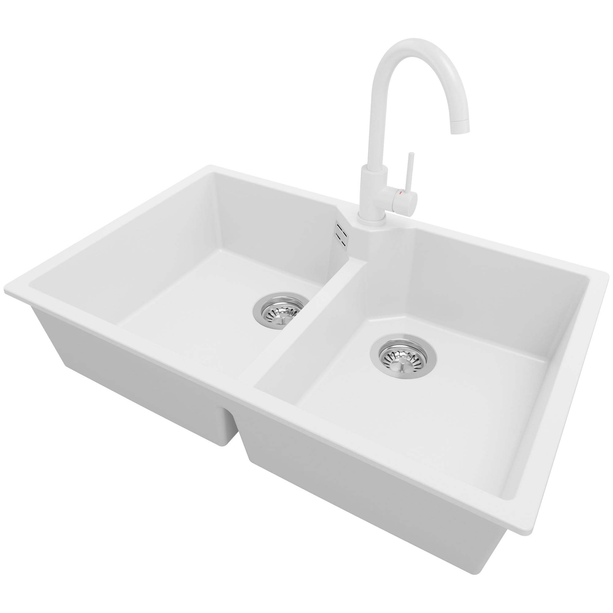 PRIMAGRAN Fregadero Granito Blanco - Madrid Twin, 78x50cm | Cocina 2 Senos + Grifo 32x20cm + Set de accesorios, sobre Encimera al Mueble 80cm (S011)