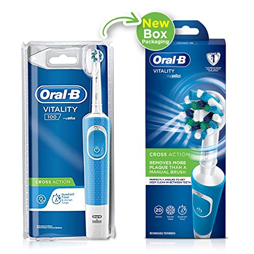 Image of Oral B Vitality 100 Blue Criss Cross Electric Rechargeable Toothbrush Powered by Braun & Oral-B CrossAction Electric Toothbrush Replacement Heads - Pack of 4 - Oral Care Combo
