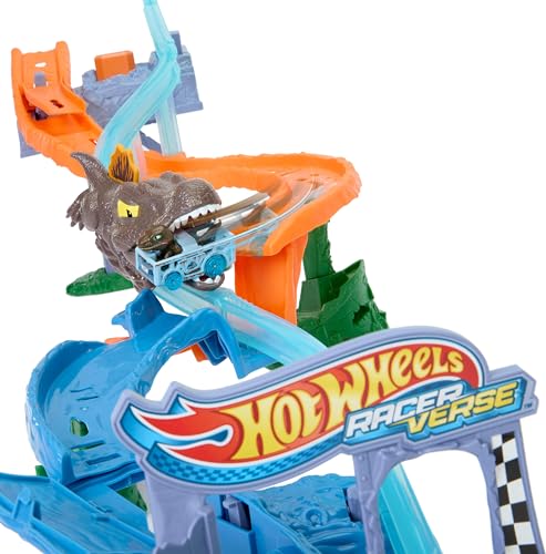 Image of Hot Wheels Toy Car Track Set, RacerVerse Jurassic World Crash & Splash Playset with Die-Cast Velociraptor Vehicle, Dinosaur Race with Spinosaurus