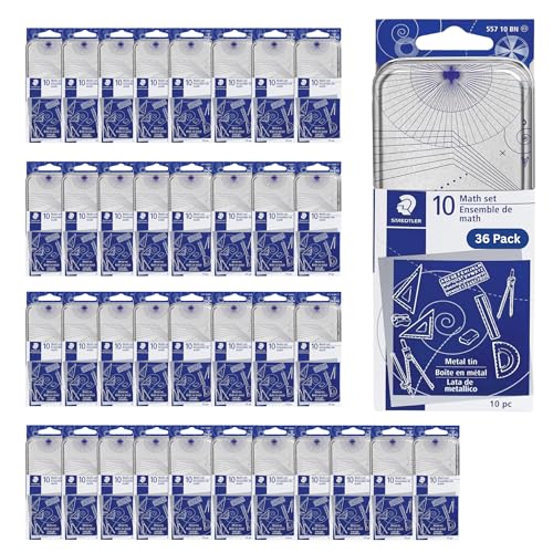 STAEDTLER 10-Piece Math Set with Metal Compass 36-Pack (36 Sets of 10 pcs), 6" Ruler & Triangle Squares, 45° & 30/60° Set Squares, Alphabet Stencil - Measuring Tools, 360 Count