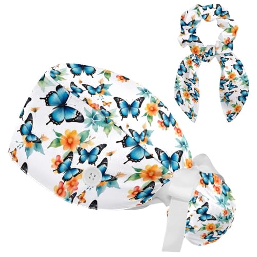 Image of Colored Butterflies Scrub Caps Women Ponytail, Adjustable Bouffant Surgical Caps with Button, Nurse Hats Long Hair