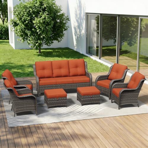 Image of 7 Piece Outdoor Wicker Patio Furniture Set, Patio Chairs Set with Thickened Olefin Cushions, High Back and Deep Seating, Hand-Woven PE Rattan, Ottoman for Porch, Deck