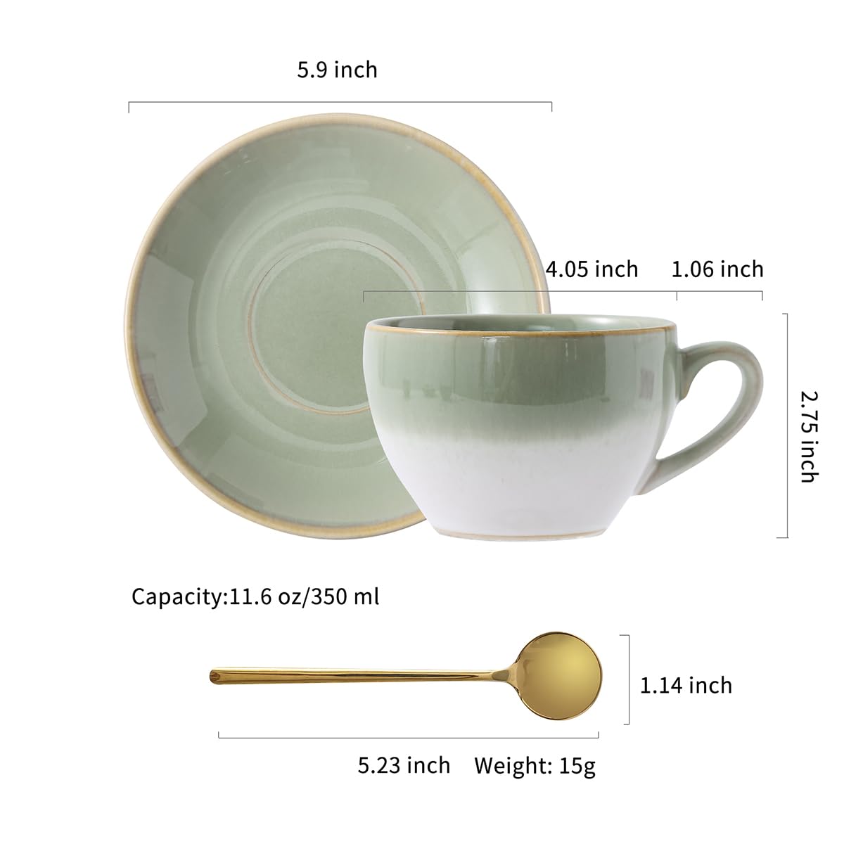 Porcelain Coffee Cup with Saucer Spoon, Vintage Design Ceramic Latte Art Cappuccino Barista Espresso Tea Cup with Saucer (11.6 oz, 350ml, White Both Green)