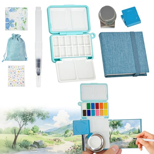 SCZND Mini Watercolour Paint Set Travel Watercolour Paint Set for Kids with Foldable Palette Mini Sketchbook Water Brush and Brush Washing Pot Pocket Artist Gift for Teens [Pigments Not Include]