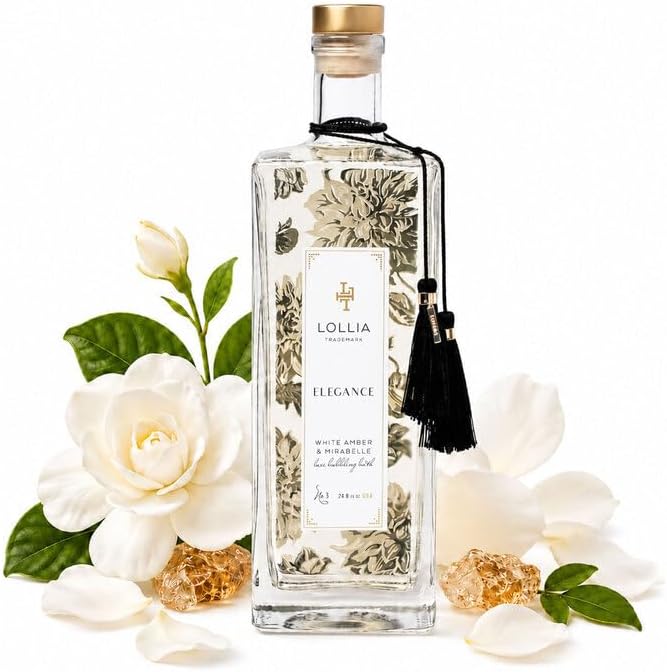 Elegance Bubble Bath, 24.8 fl oz / 733 ml, White Amber & Mirabelle Scent, Relaxing & Hydrating Bubble Skin Care for Women, Luxury Beauty Body Care, At Home Spa Experience, Glass Bottle