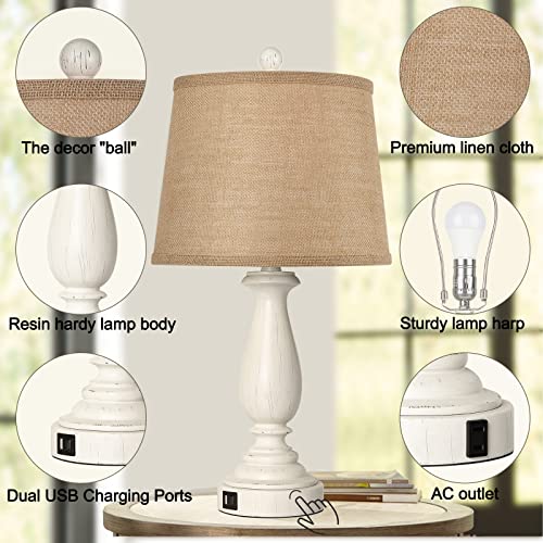 3 Way Dimmable Touch Lamps For Bedrooms Set Of 2, Bedside Lamps With Usb Ports And Ac Outlet, Rustic Table Lamps For Living Room End Tables, Resin Nightstand Lamp With Drum Shade, Two Bulbs Included #TOP4
