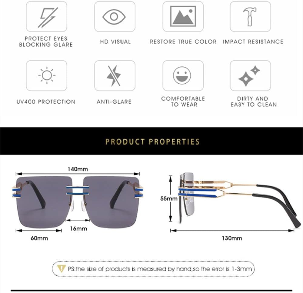 Vintage Yellow Sunglasses Women Luxury Metal Rimless Oversized Clear Sun Glasses UV400 Eyewear Trending Products,gold white blue,One size