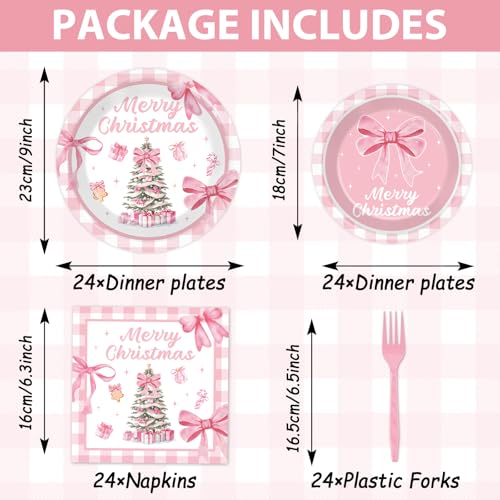 Image of 96Pcs Pink Christmas Tree Party Decorations Pink Bow Plates and Napkins Tableware Buffalo Plaid Dinnerware for Merry Xmas Winter Holiday Party Supplies 24 Guests