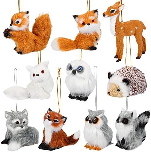 10 Pieces Ornaments, Woodland Faux Fur Animal Ornaments Plush Animal Hanging Ornaments for Christmas Tree Keychain Backpack Hanging Home Party Decoration