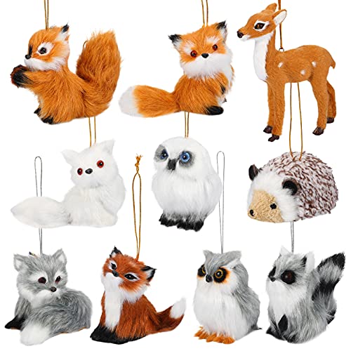 Skylety 10 Pieces Forest Animals Ornaments Woodland Animal Faux Fur Plush Hanging Ornaments Family Educational Playset for Fall, Christmas, Winter Birthday Party Supplies(Animals)